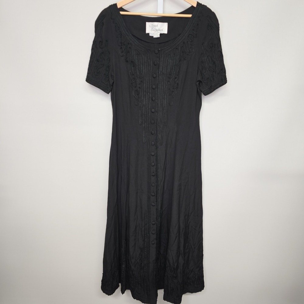 Vintage Sarah Elizabeth Black Embroidered Button‎ Front Midi Dress Women's